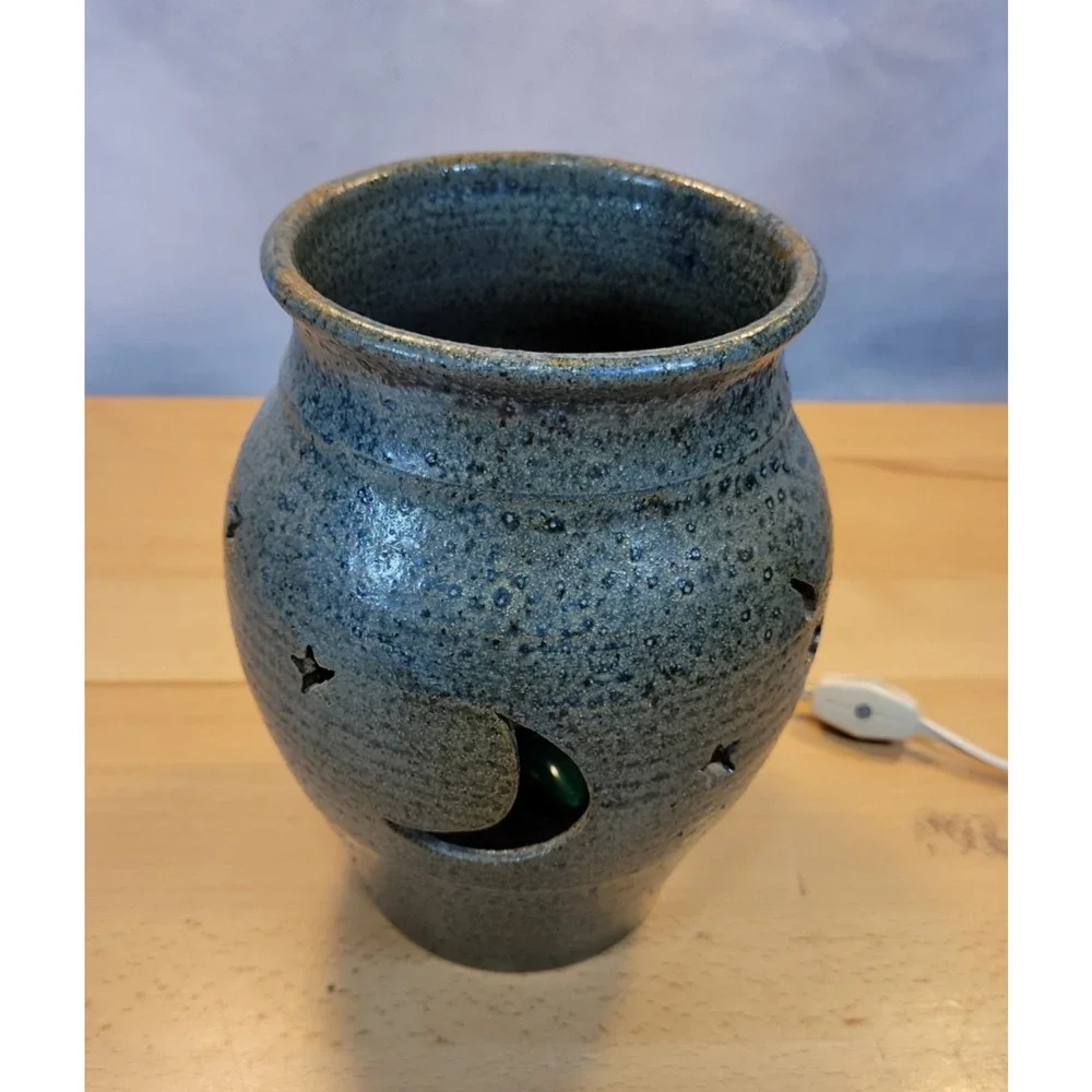 Hand Made Pottery Night Light Moon Stars Electric blue grey 7.5” tall